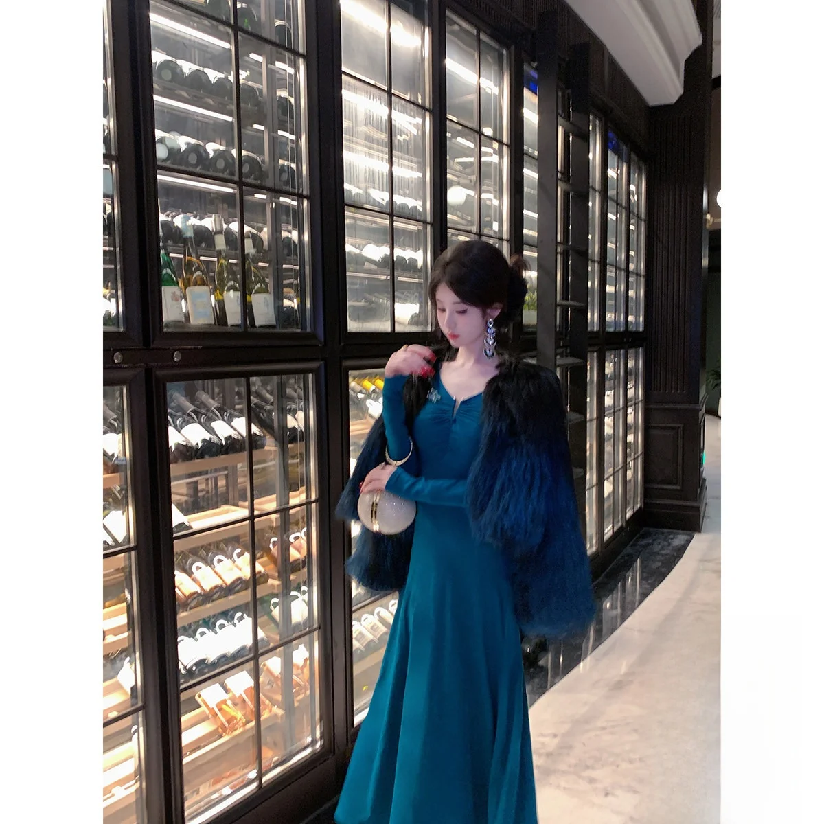 

Длинное вязаное платье Ele Dr Sy Waltz Queen с высокой талией, облегающее, с V-образным вырезом, с длинными рукавами, повседневное, А-силуэт, для женщин