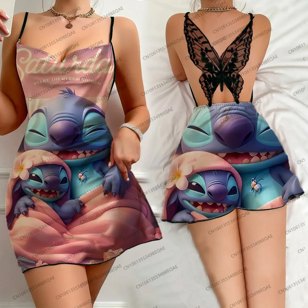 

Summer Comfort Women's Nightdress Sexy Suspender Butterfly Lace Dress Disney Cartoon Print Sleeveless Party Short Skirt