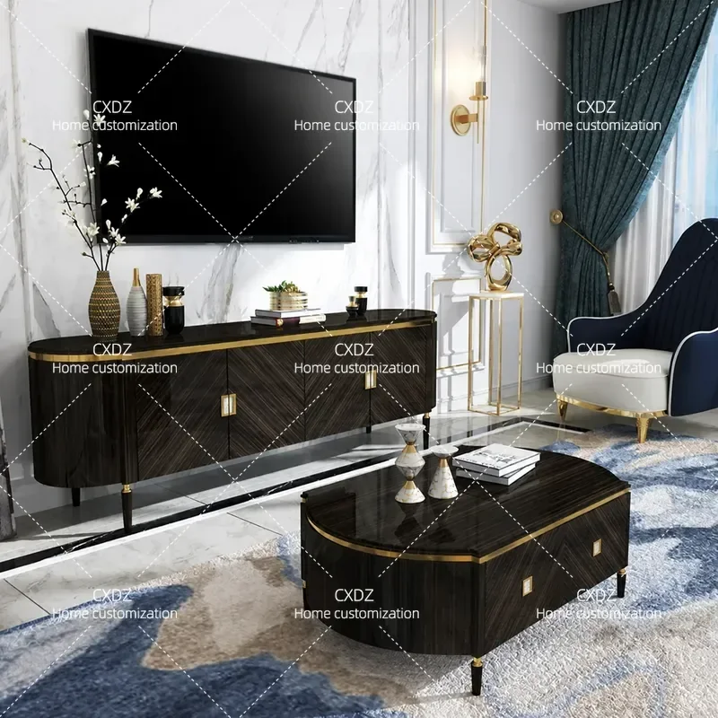 Neoclassical Light Luxury Solid Wood TV Cabinet and Coffee Table Set Modern Simple Living Room Floor Storage Decorative
