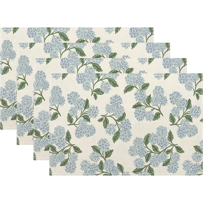 Hydrangea Vintage Floral Fruit Tree Bird Pattern lnene Linen Blue-Green Tone Placemats for Home Parties Kitchen Decoration