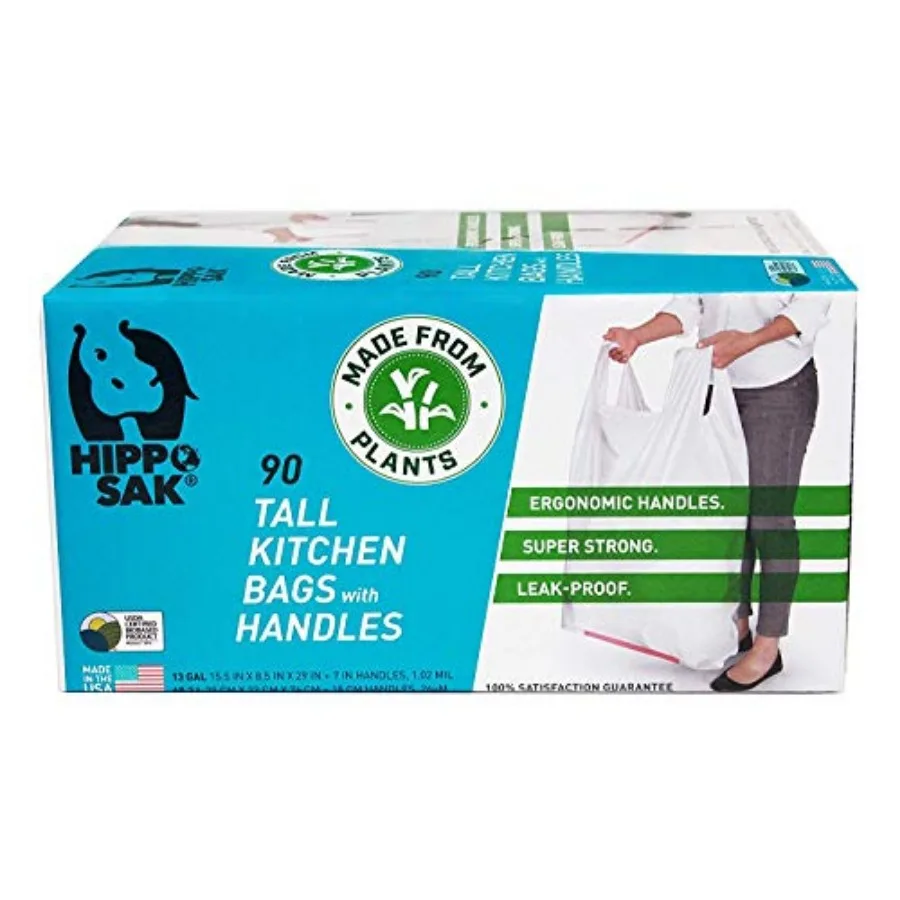

Plant Based Tall Kitchen Garbage Bags with Ergomic Handles - 13 Gallon Trash Bags - Recyclable and Eco Friendly - Super Strong