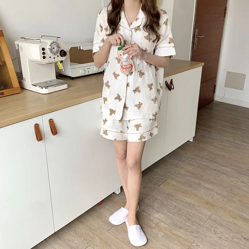 Cartoon Bear Summer Pajamas Set Women Kawaii Funny Home Suit Soft Single Breasted Kawaii Shirts + Shorts Set Two Piece Sleepwear