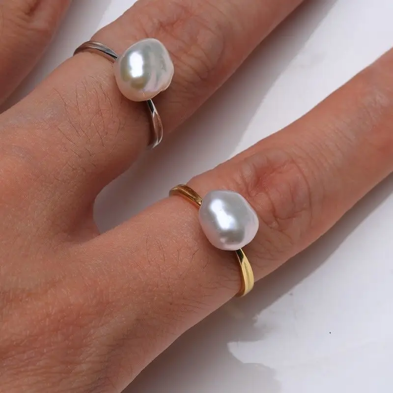 Natural Baroque Pearl ring White freshwater pearl 18K adjustable Wedding Fashion Lucky Party Cultured Man Finger