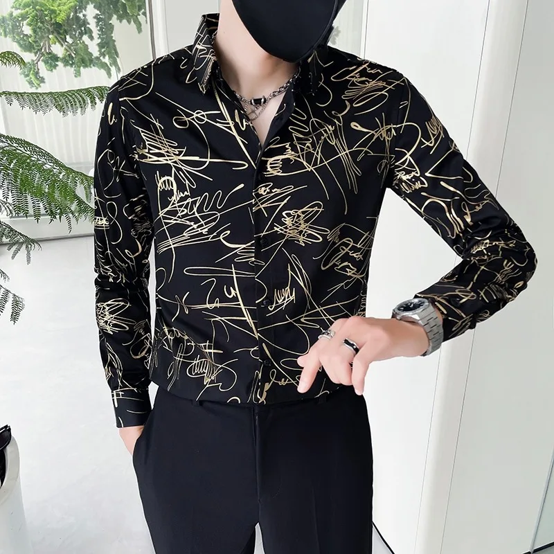 

Autumn Winter New Long Sleeved Shirt Men's Luxurious Line Print Slim Fit Casual Shirts Social Show Streetwear Tops Men Clothing