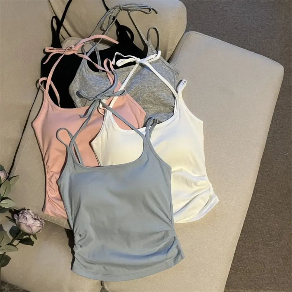 Simple Sleeveless Tie Back Camisole Top Underwear Slim Camisole With Padded Cups Fitted Tops Sports Activities