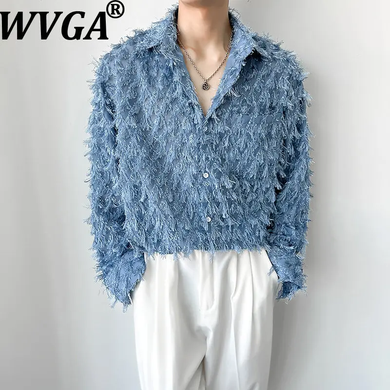 

Новые мужские рубашки WVGA с длинным рукавом и бахромой, модные повседневные топы с отложным воротником, уличная одежда в стиле Ins W19832
