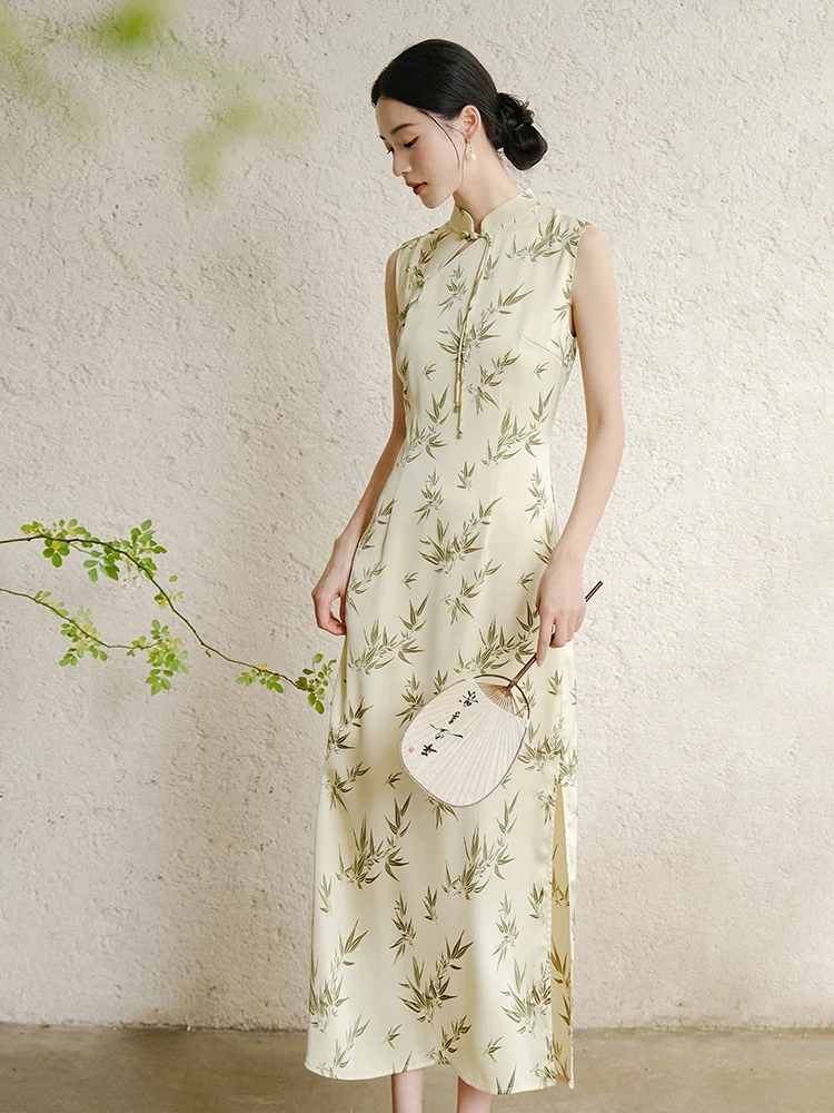 

Новое летнее китайское платье-халат в стиле дзен с принтом Ele Bamboo Le, оригинальное, с воротником-стойкой, в стиле китайского возрождения