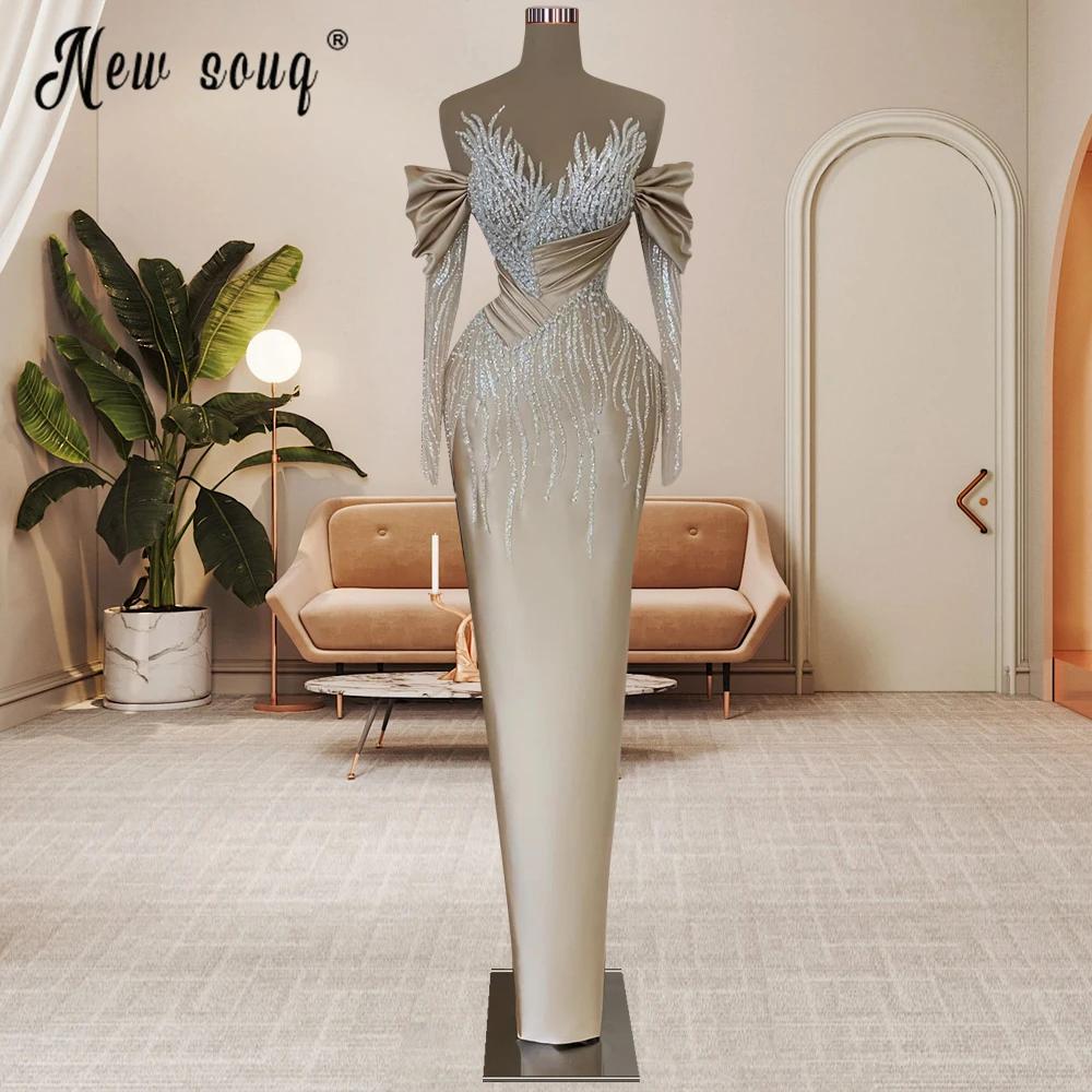 

Modern Light Champagne Evening Dress Off Shoulder Beaded Wedding Party Gowns Arabic Women Special Occasion Dresses Vestidos De