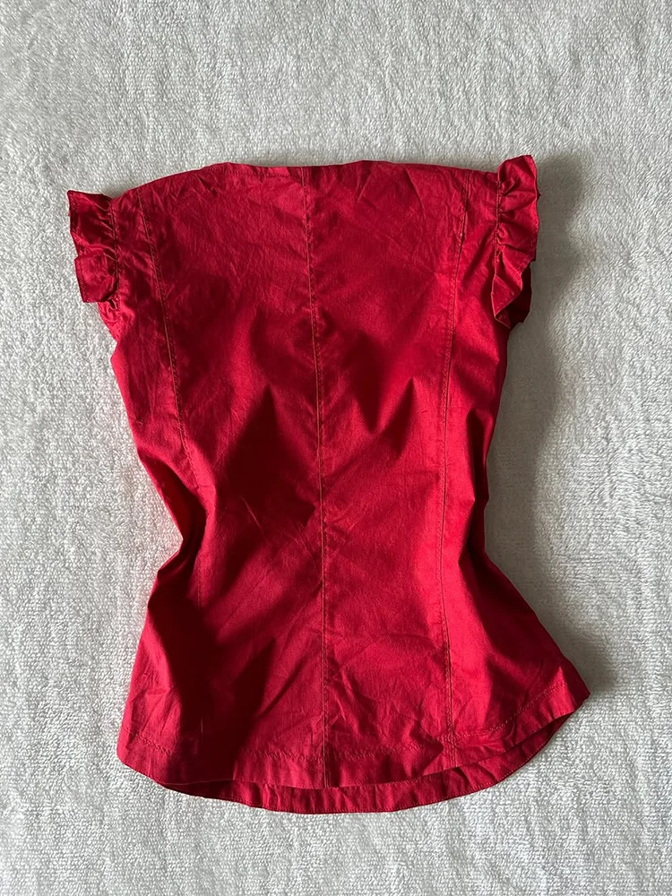 우아한 빈티지 레드 셔츠 여성용 아름다운 플라잉 슬리브 탑 편안한 면 혼방 레귤러 핏 버튼 디테일 캐주얼 셔츠