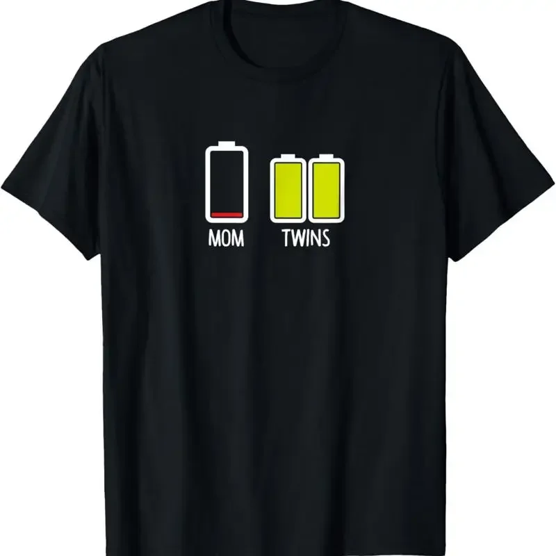 

Low Battery Mom Funny Twins Graphic T-Shirt Breathable Cotton Crew Neck Tee for Mothers