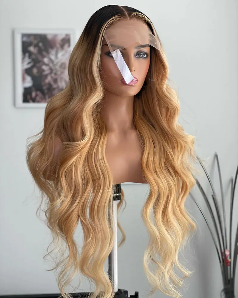 واقعية العسل شقراء الاصطناعية الدانتيل الباروكات مع جذور داكنة متنوعة موجة عميقة سهلة الصيانة ألياف سمراء شعر مستعار تأثيري #3