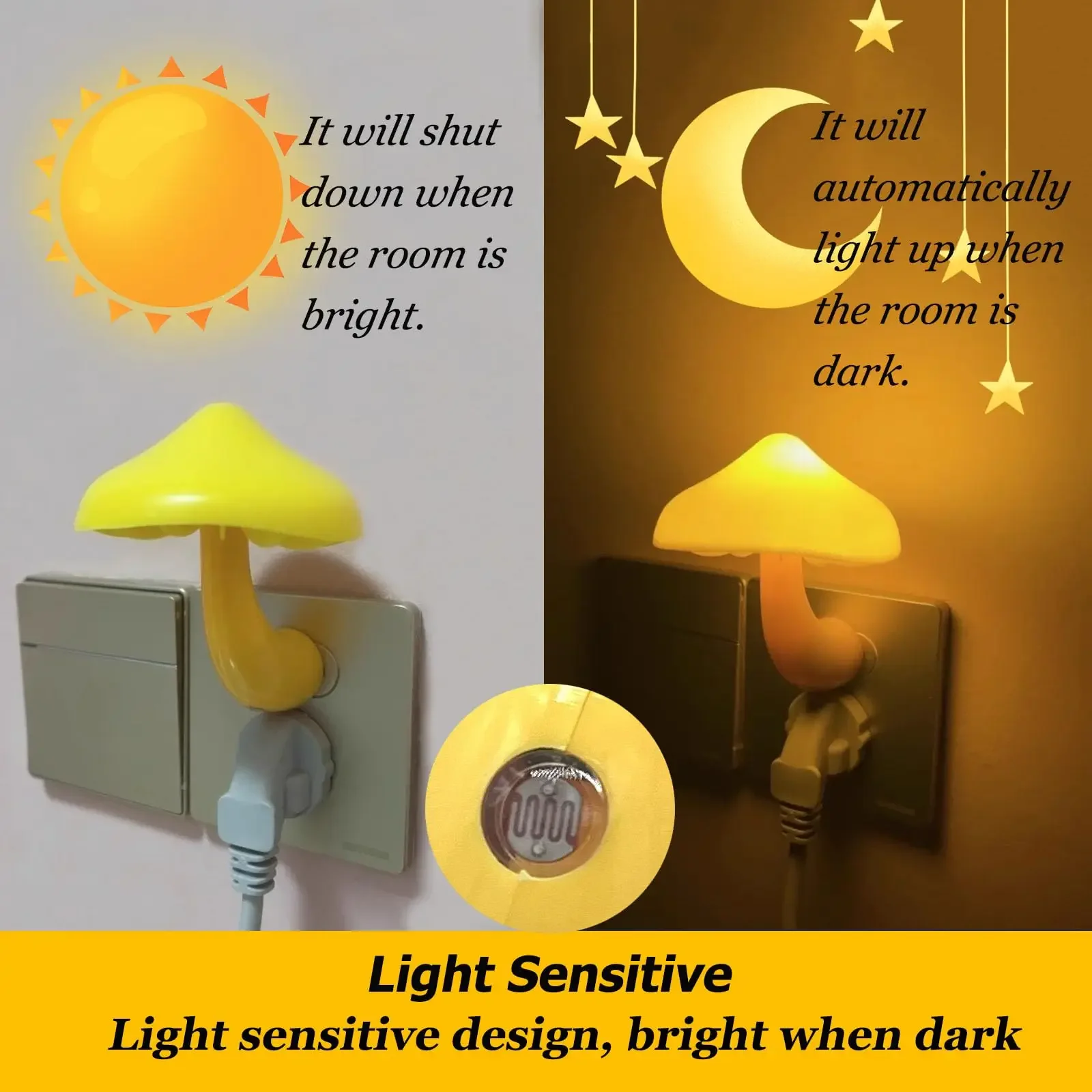 Sensor LED Mushroom Night Light,US/EU Plug in Wall Lamp with Auto Dimmable Warm Yellow Light for Kids Adult Bedroom,Bathroom