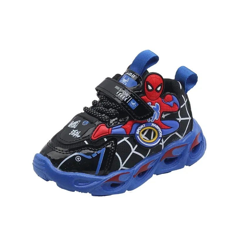 Disney Children's Sneakers Boys Cartoon Spiderman Led Light Sport Shoes Student Shoes Hook Anti-slip Kids Outdoor Shoes