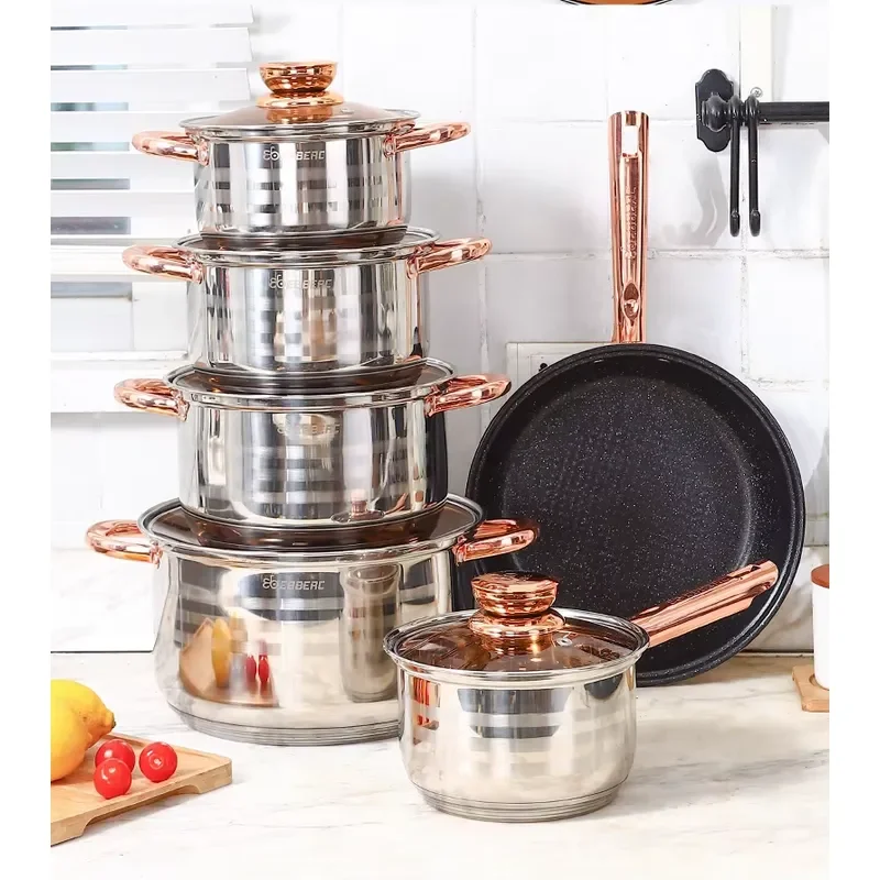 Hot-selling 12-piece stainless steel classic design cookware set Non-stick cookware with glass lid for soup pots and cooking