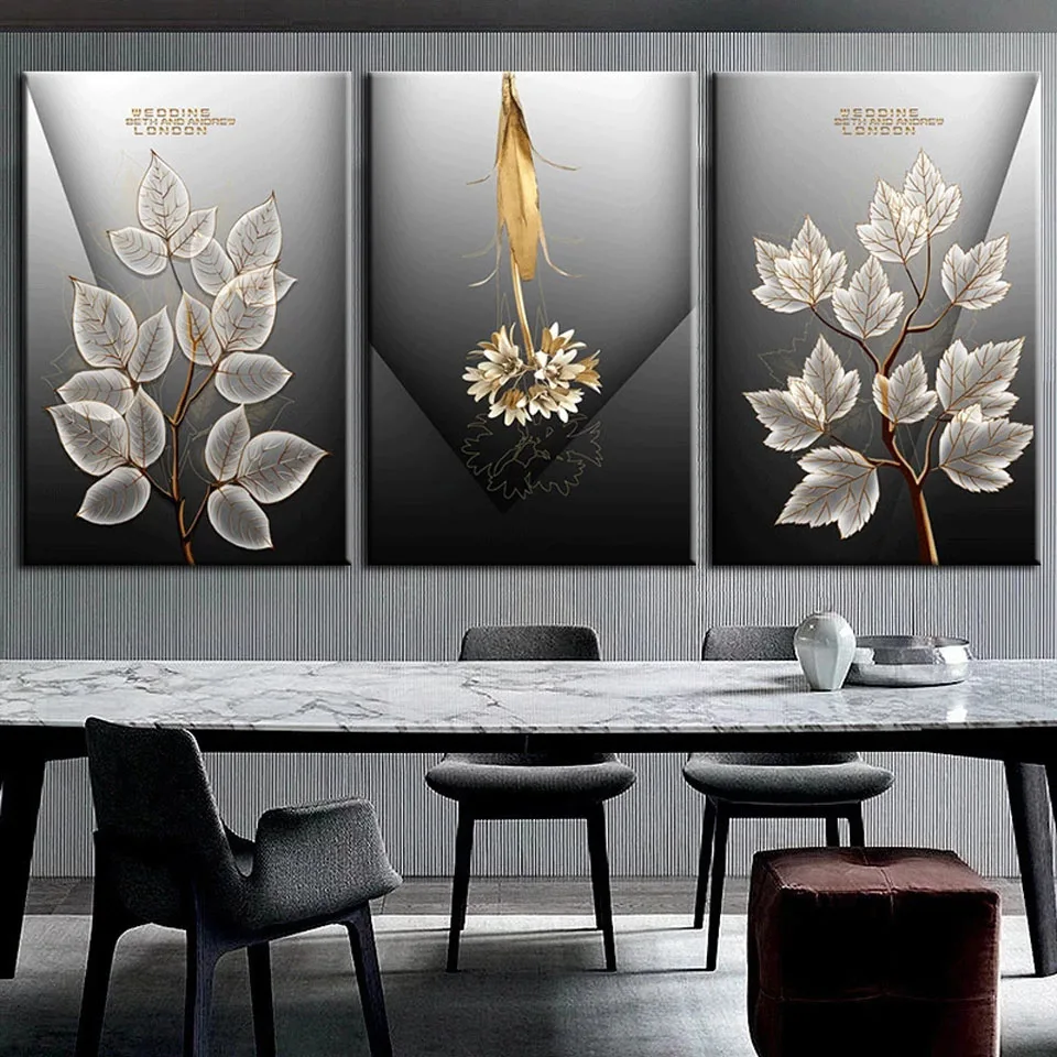 3 Pcs Abstract Golden Flowers White Leaf Diy Diamond Painting Cross Stitch Kits Full Diamond Embroidery Mosaic Room DecorZP-3349