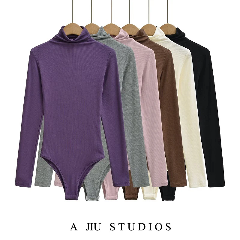 

Women's Slim Fit High Collar Long Sve Onesie Base irt T-irt Top Elastic Band Teaded Versatile Bot irt