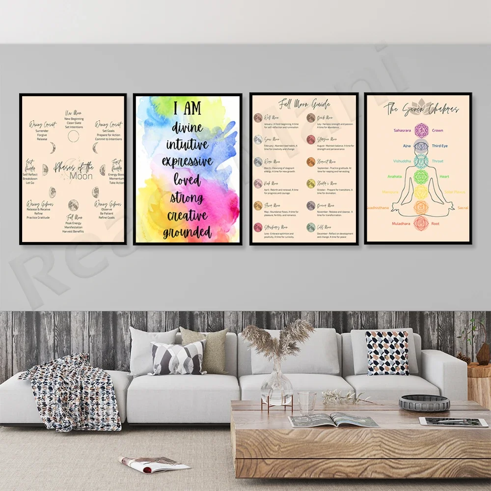 Affiche imprimée d'art mural des 7 chakras pour la méditation positive des Juifs, sens de la phase de lune, affiche de signification de la pleine lune, décoration de studio de yoga