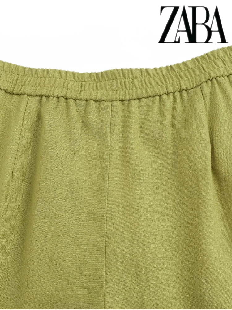 TRAF Tuta donna verde in misto lino a tinta unita top monopetto a maniche lunghe top elasticizzato in vita pantaloni comodi a gamba larga set a due