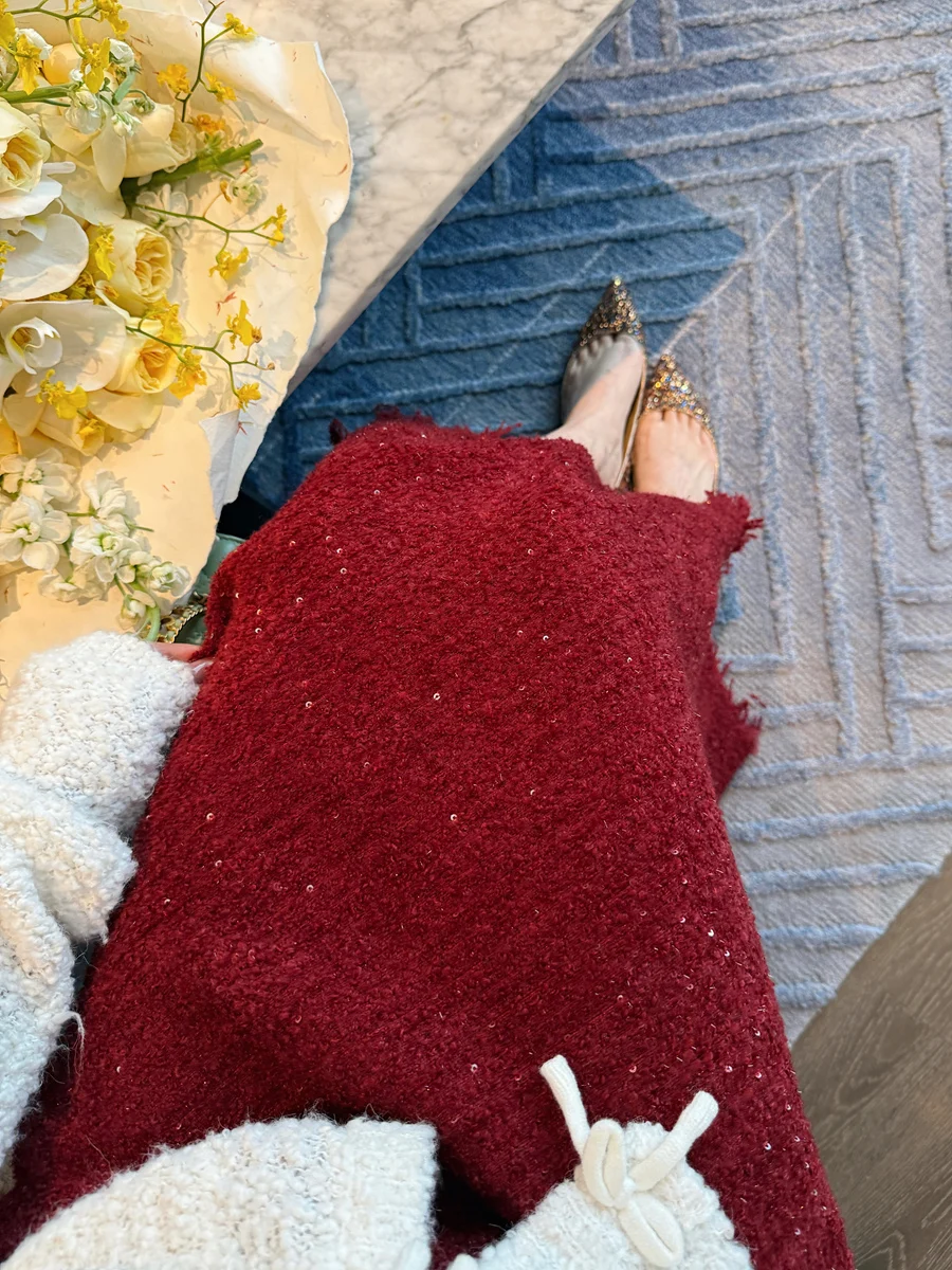 

Early Spring Woolen Tassel Trim Fi Tail Skirt Elastic Knit Red New Year Visit f Body Skirt High Waist Silk Embroidery Sl...