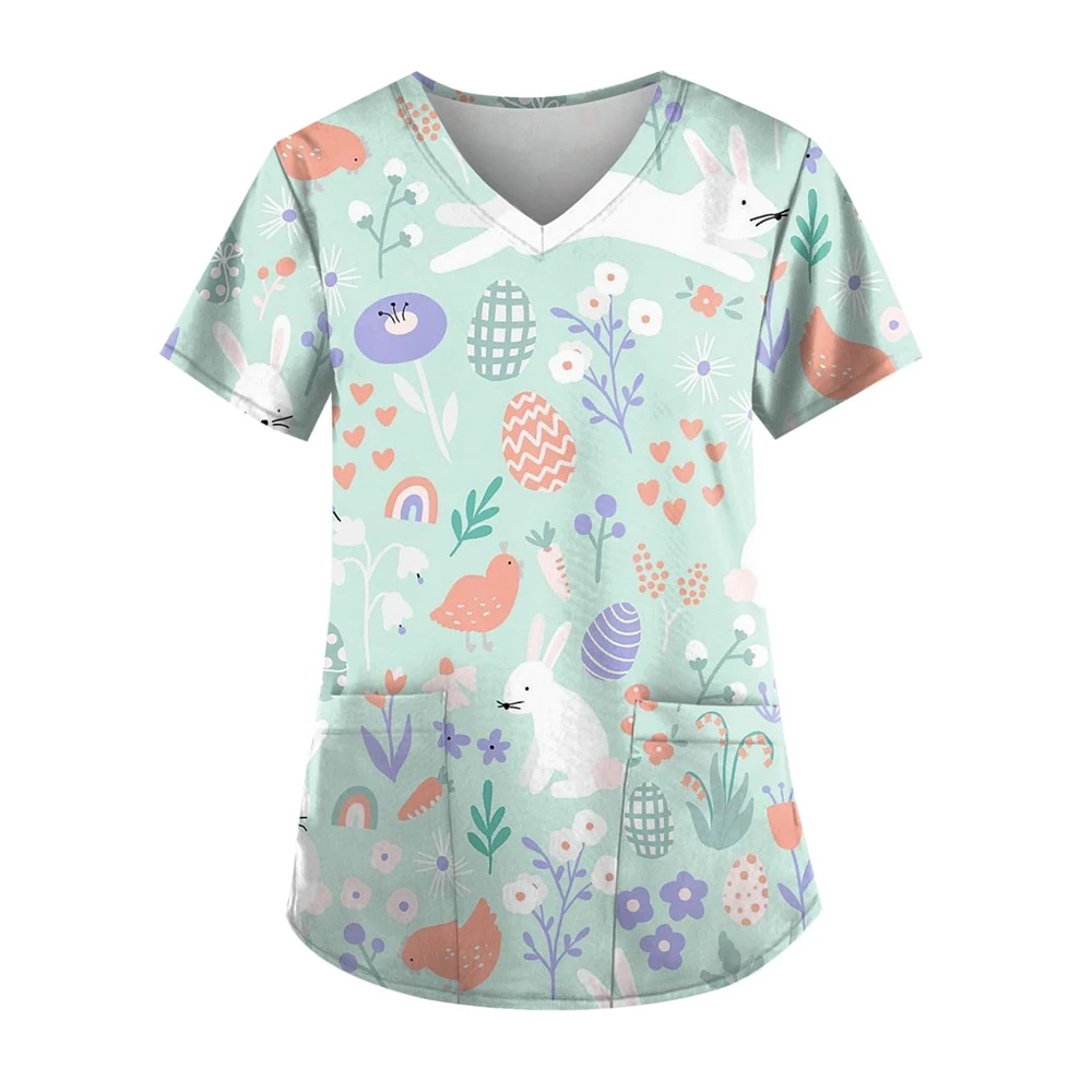 New Nurse Uniform Woman Easter Bunny Cartoon Print Health Care Medico Tops Fashion V-Neck Short Sleeve Women's Medical Uniform