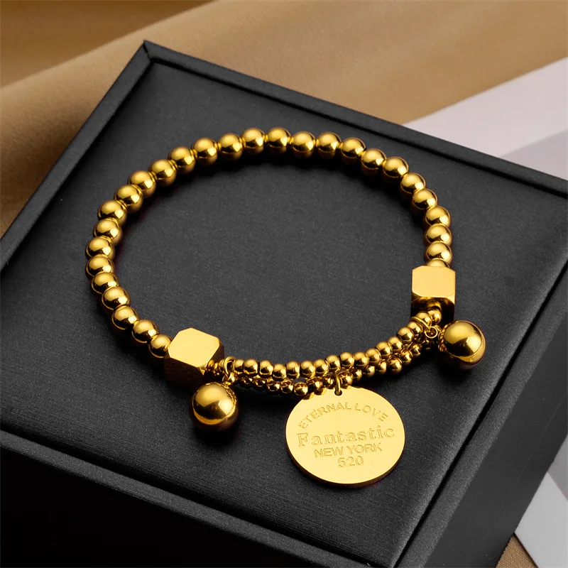 DIEYURO 316L Stainless Steel Disc Letters Charms Bracelet For Women Fashion Beaded Chain Wrist Jewelry Party Casual Gift Браслет