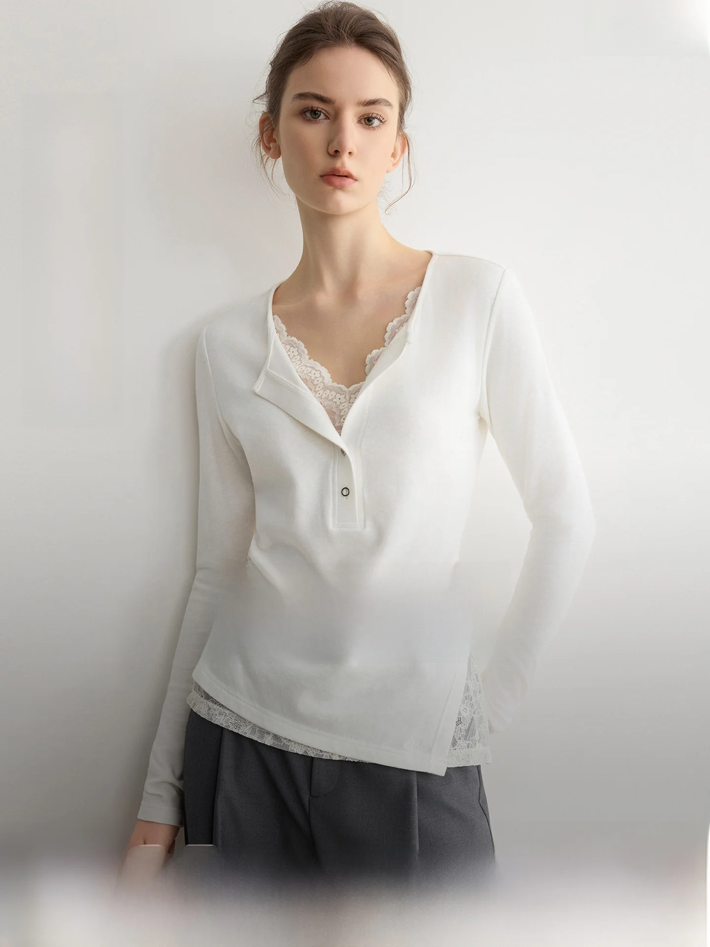 White Lace Long Sleeve T-Shirt Women's Base Layer Shirt Autumn New Style Simple Commute Cotton Blend Elastic Fiber Base Shirt