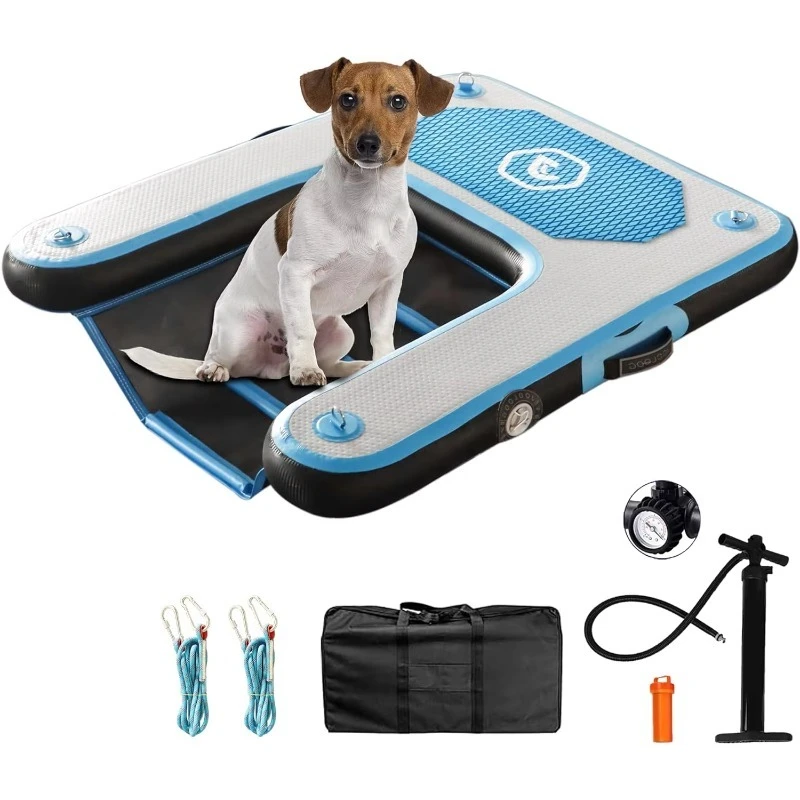 Inflatable Plank Dog Float Ramp Pup Dog  Boat Blue Water Ramp Ladder with Non-Slip Dock Platform for Lake Swimming Pool