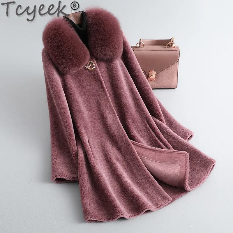 Tcyeek 100% Wool Coat Women Clothes Warm Fox Fur Collar Winter Women's Fur Jacket Mid-long Sheep Shearling Coats Пальто Женское