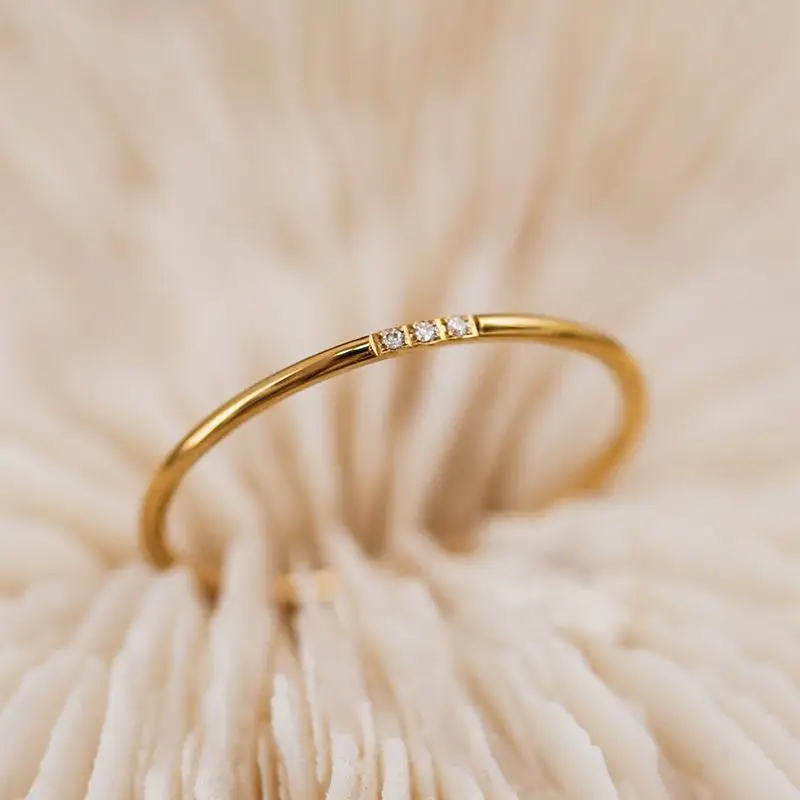 2025 New Trendy Charm Stainless Steel Plated Paved Tiny Zircon Stackable Ring Golden Color Thin Ring Jewelry