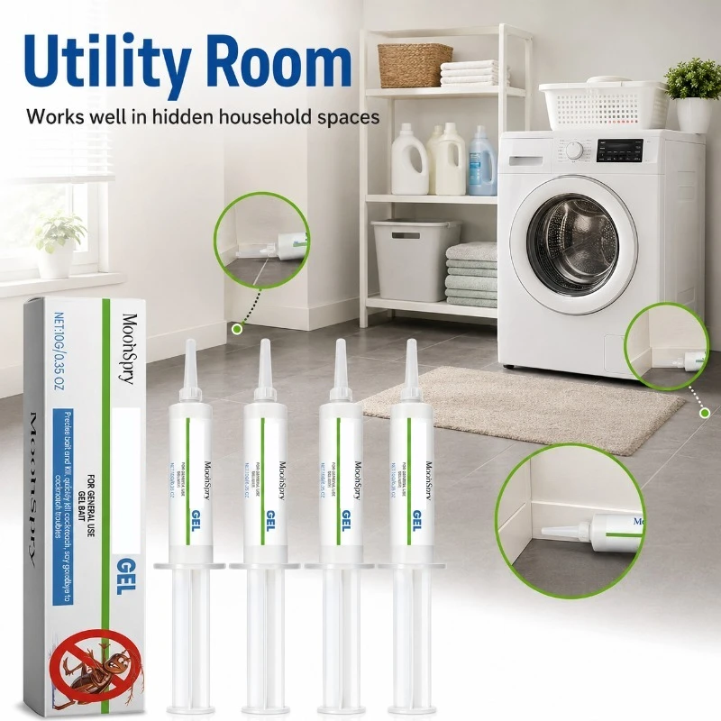 Cockroach Bait Gel, Set of 4 Tubes, Convenient Placement Household Gel Supply, Easy-Apply Home Accessory for Kitchen, Bathroom, Pantry, Apartment Indoor Corners, Under Sinks and Cabinet Gaps