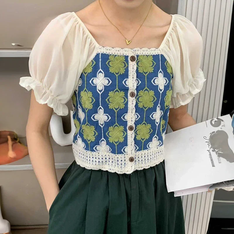 

Crochet Knit Top with Chiffon Sleeve Square Neck Embroidery Floral Blouse Women Spring Summer Fairycore Outfit