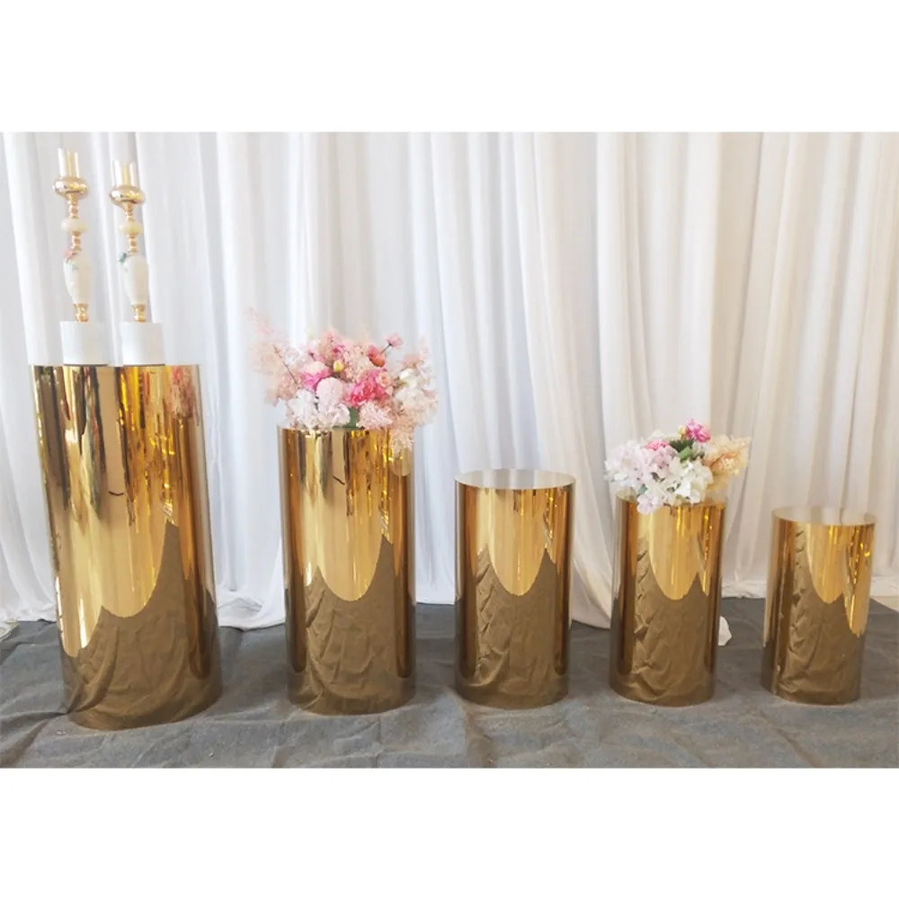 

Wedding floor ornament Hotel road decoration ornament Center piece Gold stainless steel high flower stand Round pillar