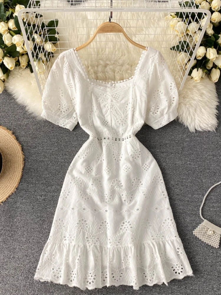 New Women Bodycon Short Dress Summer Vintage Square Collar Hollow Out White Beach Dresses Ladies Elegant Short Sleeve Boho Dress