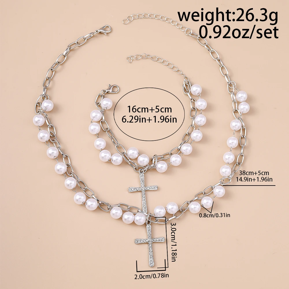 Aihua Fashion Perlenkette mit christlich-katholischem Kreuzanhänger, Halskette, Armband, Schmuckset für Damen und Herren, Schmuckgeschenke – Detail 1