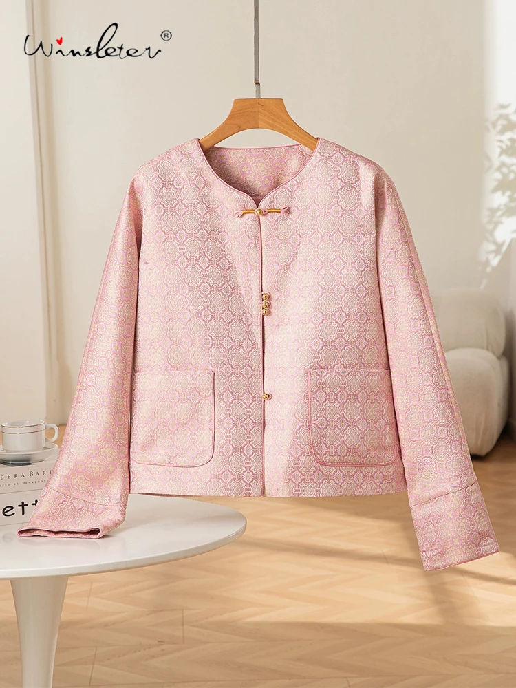 

Winsleter-100% Элегантное пальто из парчи из настоящего шелка Song, пуговицы с круглым вырезом, женское свободное пальто в китайском стиле в стиле ретро, осень 2025 C5O916CC