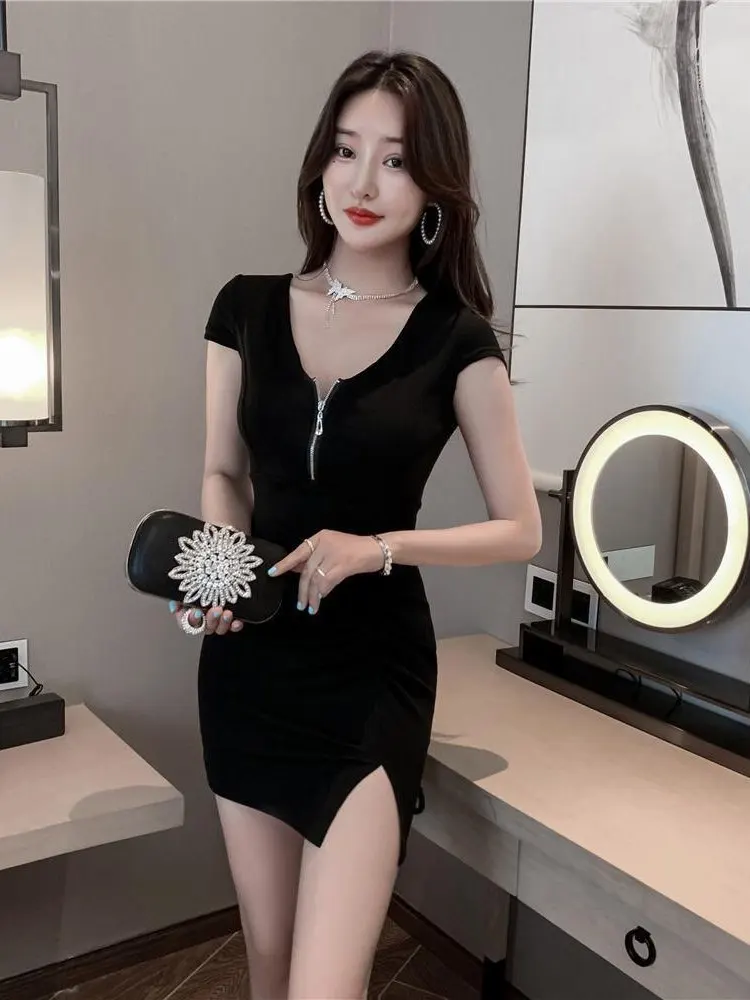 

plus Size Women's V-Neck Zipper Side Slit Short Sleeve Bodycon Dress Summer Comfortable Breathable High Waist Polyester Fiber