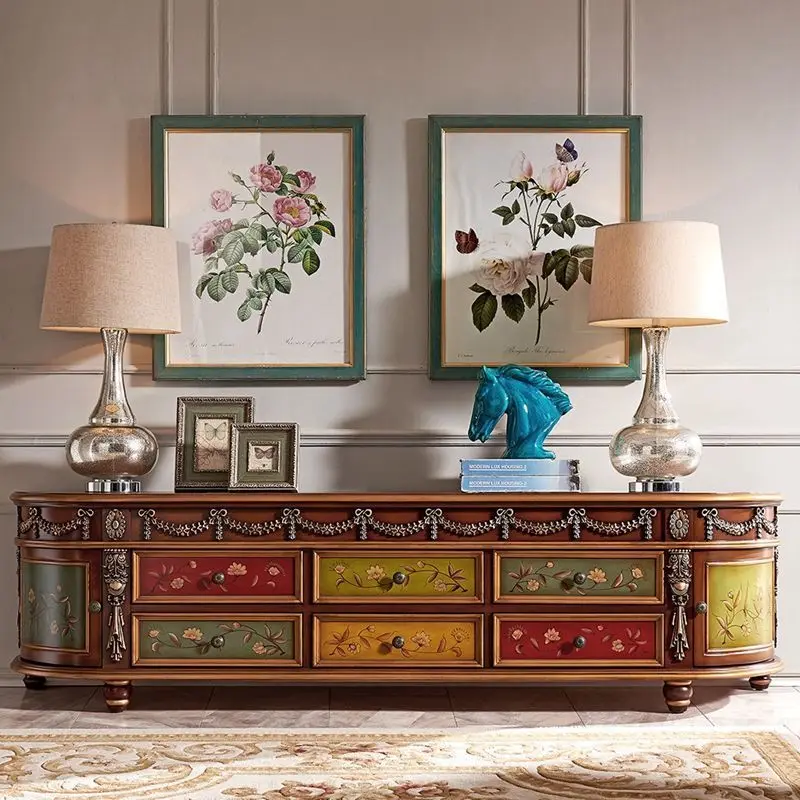 European TV Cabinet Solid Wood Coffee Table American Video Cabinet Bedroom Floor Cabinet Living Room Retro Painted Carved
