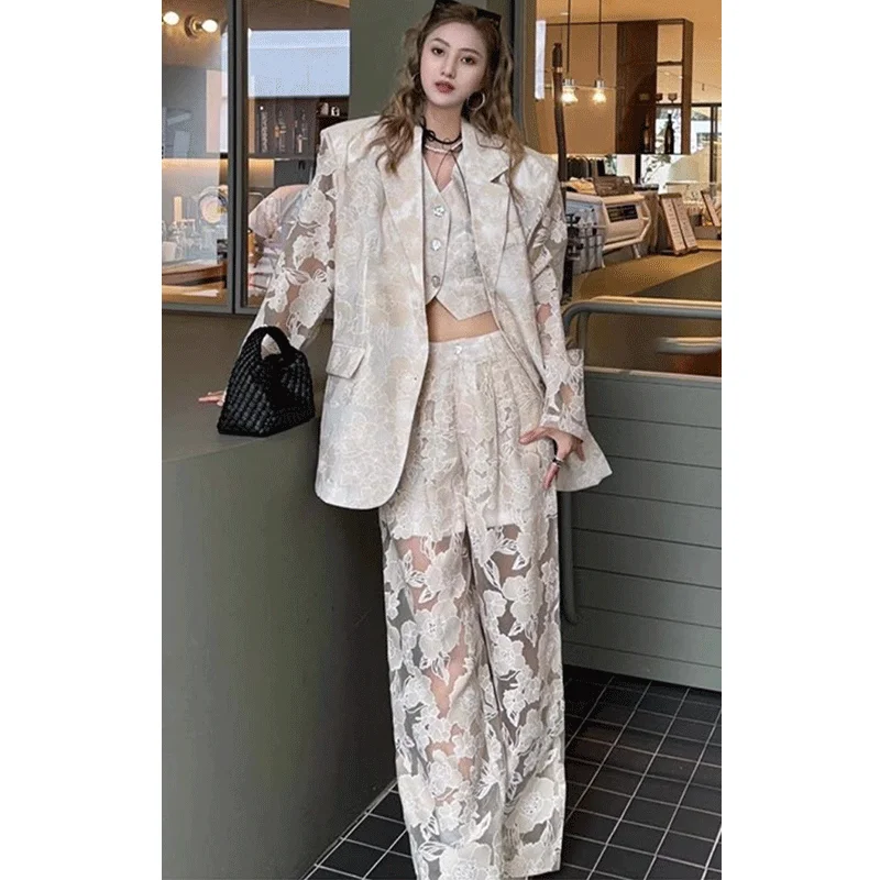 MiiiiX Office Lady Fashion Pant Suits White Suit Jacket Slim V-neck Vest Loose Wide-leg Pants Autumn Women's Three-piece Suit