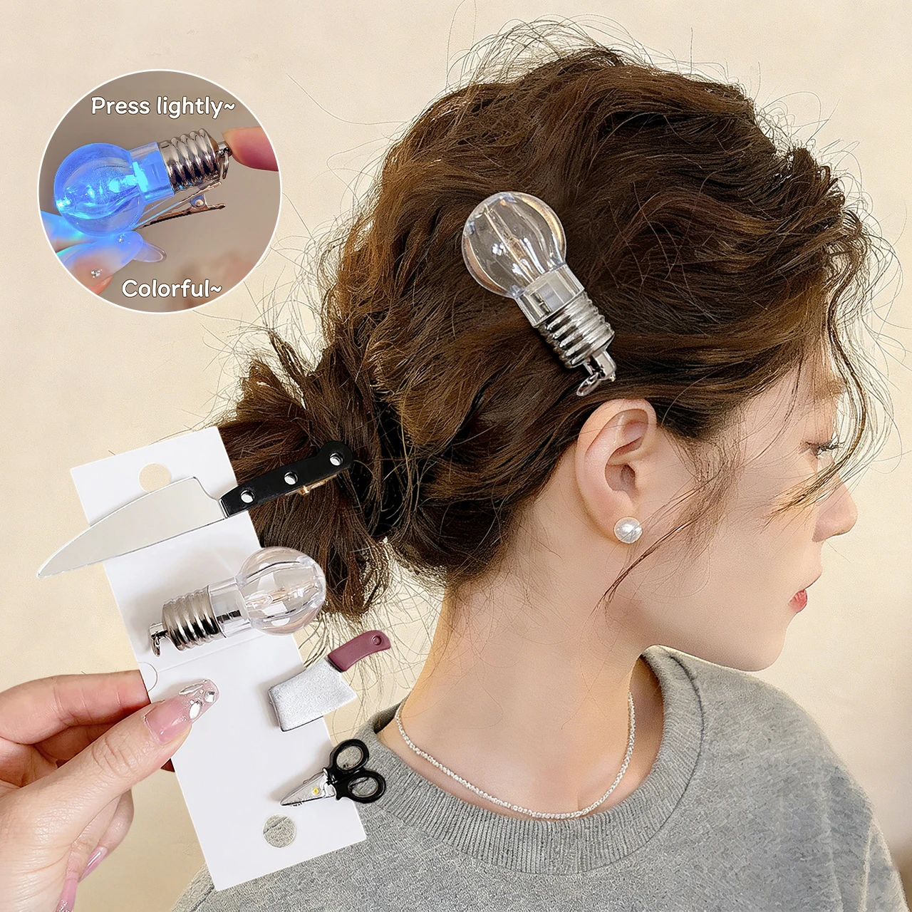 4pcs Fun and Quirky Realistic Scissors-shaped Light Bulb Hair Clip Set Small Hair Accessory for Women Barrettes Girl Hairpins