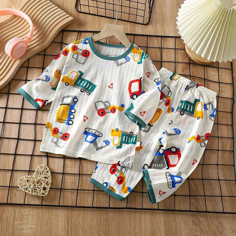 

Summer Kids Cotton Long Sleeve and Pants Pajamas Set Soft Breathable Baby Sleepwear Cartoon Bear AC Room Wear Boys Girls Clothes
