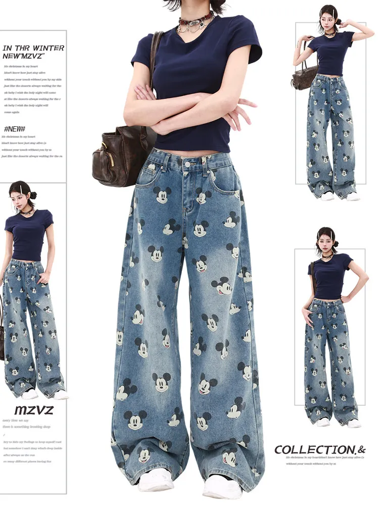 

American Street Vintage Mickey Printing Loose Wide Leg Pants All-match High Waist Denim Trousers Spring Summer Straight Jeans