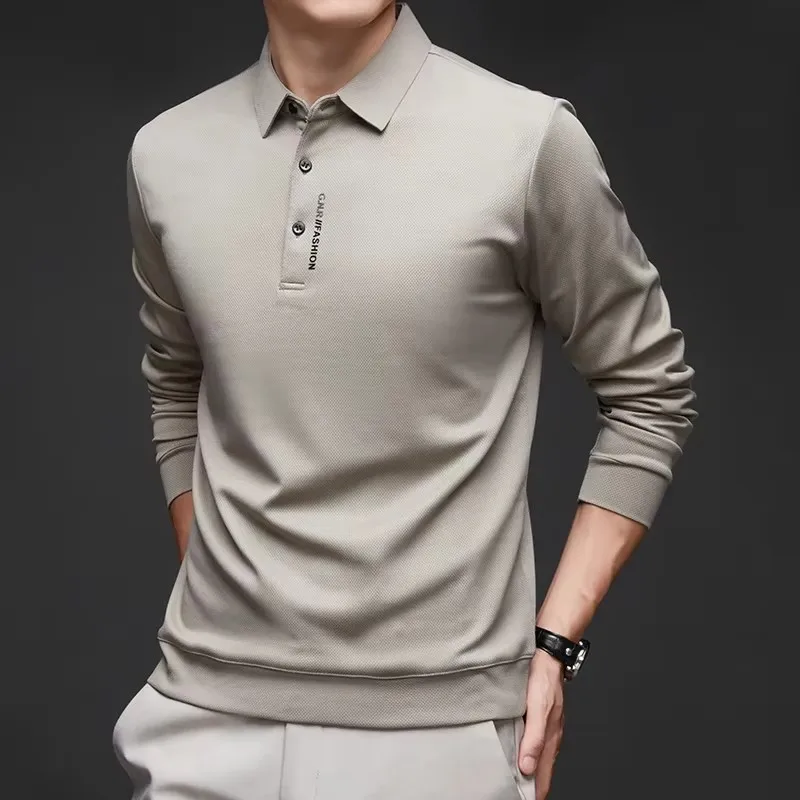 New Men's Business Casual Long Sleeved Shirt with Badge Solid Color Polo Shirt Fashionable Breathable Comfortable Versatile Top