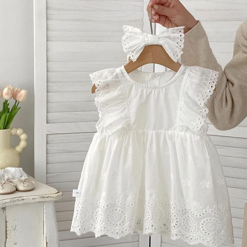 

2024 New Summer Newborn Baby Girl Dress Romper Flying Sleeve Cotton Solid Color Infant Baby Girls Jumpsuit 0-24M Baby Clothes