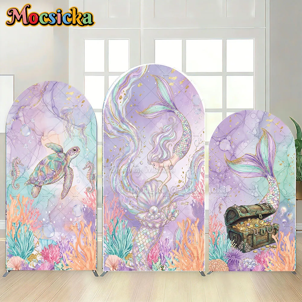 Mocsicka Custom Arch Cover Backdrop Mermaid Under The Sea Photo Background for Baby Girl 1st Birthday Party Studio Photoshoot