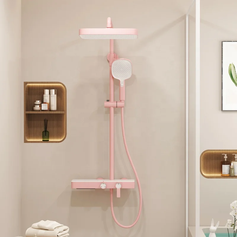Neues Design High-End-Thermostat-Duschset Badewanne Messing Badezimmer Duschsystem Heiß Kalt Mischen Rosa Duscharmatur-Sets
