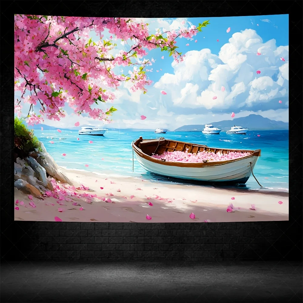 

pink Petal Boat Tapestry on White Beach, Quiet Coastal Wall Art Interior Living Room Bedroom Decorative Tapestry