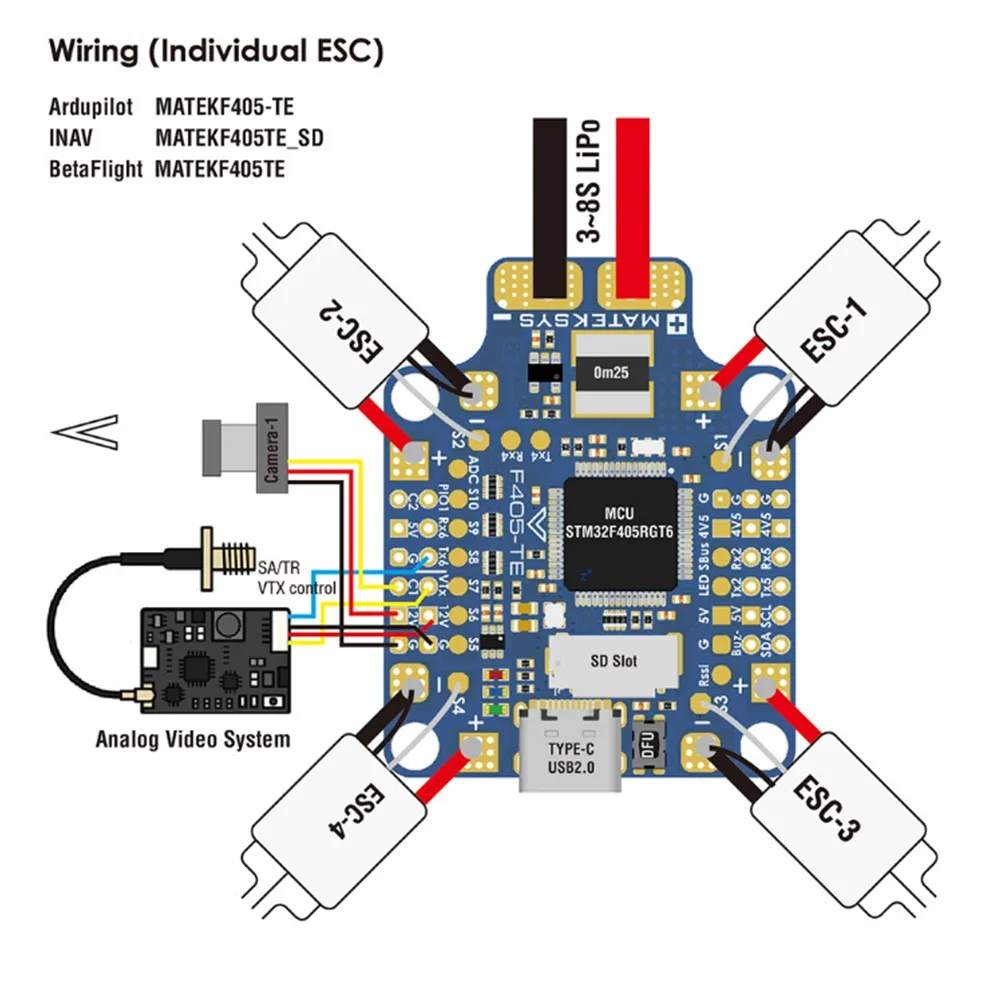 Mateksys-フリースタイルドローン用フライトコントローラー、rc用フライトコントローラー、fpv、F405-TE、baro、osd、microsd、blackbox、dual bec、220a、current senor 3-8s pdb