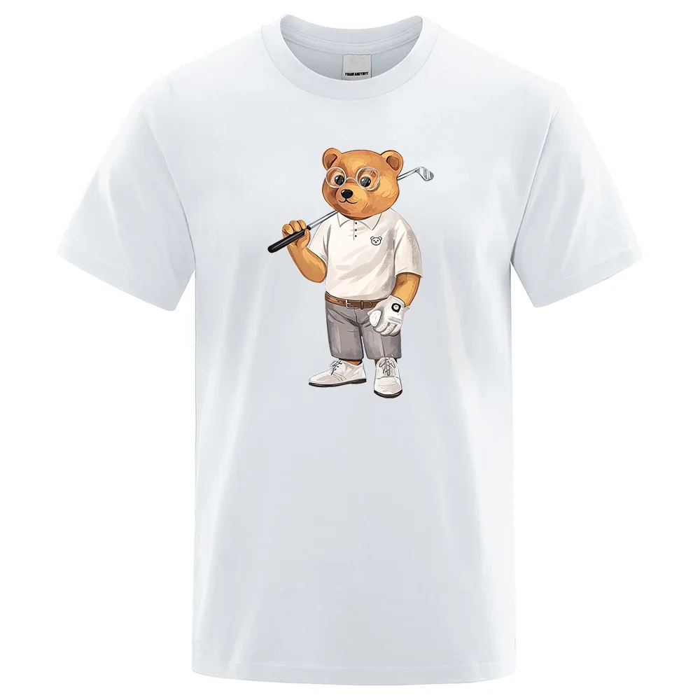 Gentleman Teddy Bear Playing Golf Men T Shirts Summer Cotton Sweat T-Shirts Breathable Loose Clothes Hip Hop Street Short Sleeve