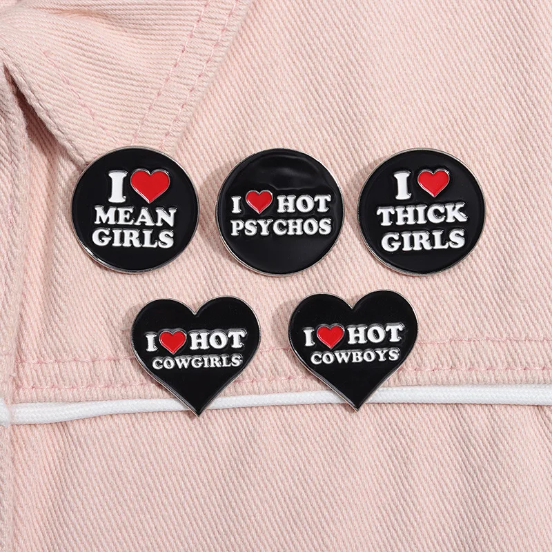 Black Heart Letters Enamel Brooch Creative I Love Lying I Love EMO Boys Metal Badge Punk Round Lapel Pins Jewelry Gifts For Kids