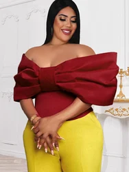 Strapless Tops Plus Size Red Off Shoulder Ruffles Bowtie Short Crop Top Slim Fit Evening Birthday Christmas Curvy Women Blouses